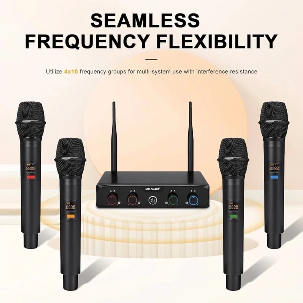 4-Channel Wireless Microphone System, UHF Compact Cordless Mic Set w/ 4x10